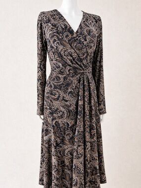 Talbots Paisley Wrap Midi Dress Long Sleeve Brown Blue Size Small